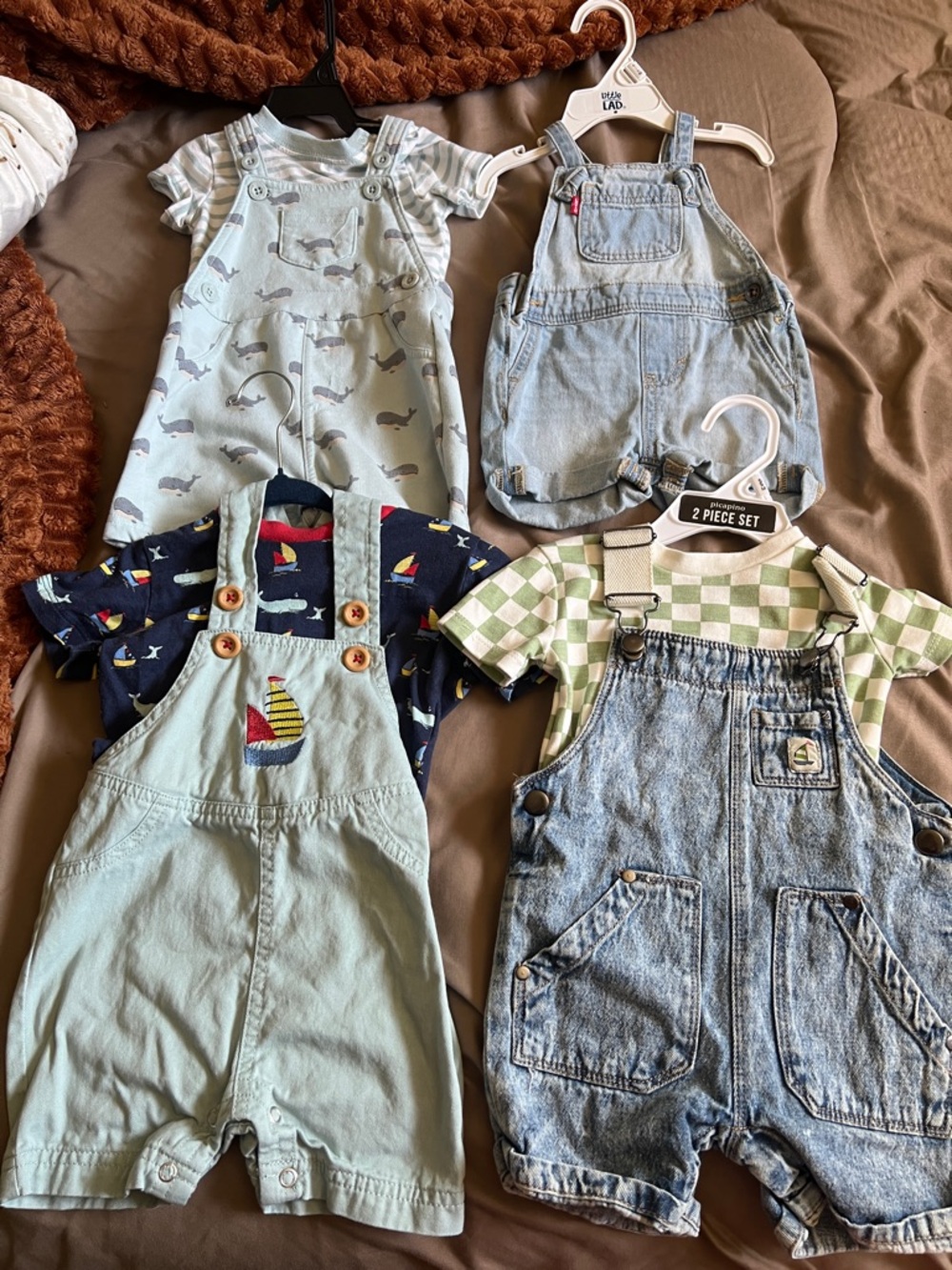Mixed Kids Denim and Cotton Short Overalls - Light Blue, Chambray, Aqua